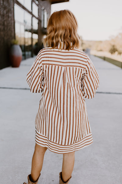 Brown Striped Seersucker Half Button Dress