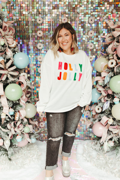 White Multicolor Embroidered Holly Jolly Sweatshirt