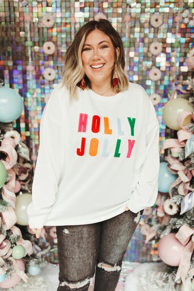 White Multicolor Embroidered Holly Jolly Sweatshirt