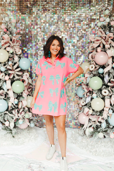 Queen Of Sparkles Neon Pink & Mint Bow Button Dress