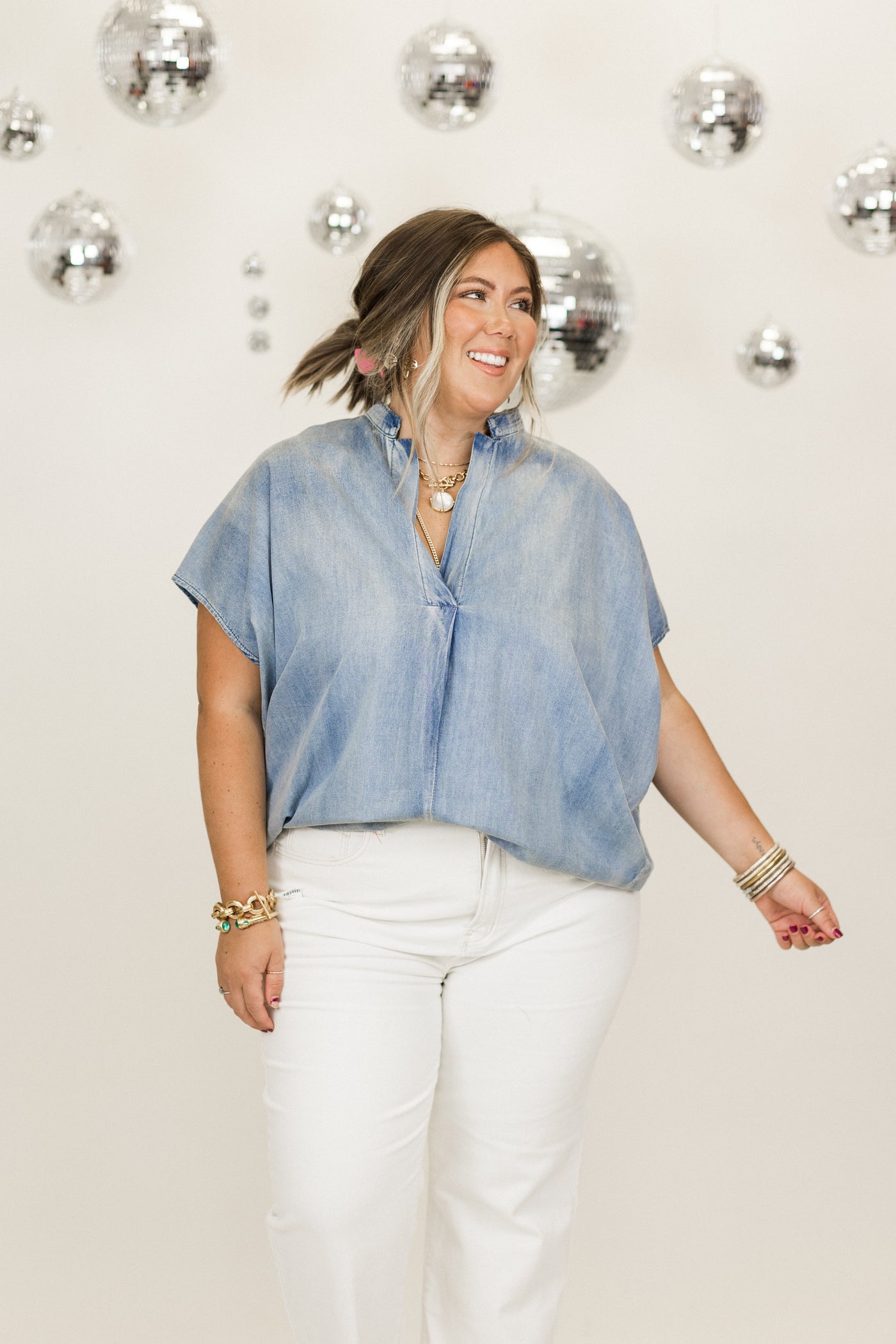 Denim Washed Oversized Drop Shoulder Blouse