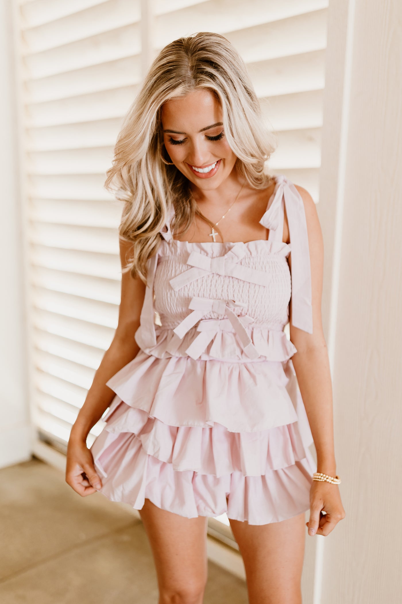 Pink Smocked Bow Detail Tank and Ruffle Skirt Set