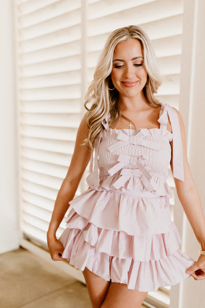 Pink Smocked Bow Detail Tank and Ruffle Skirt Set