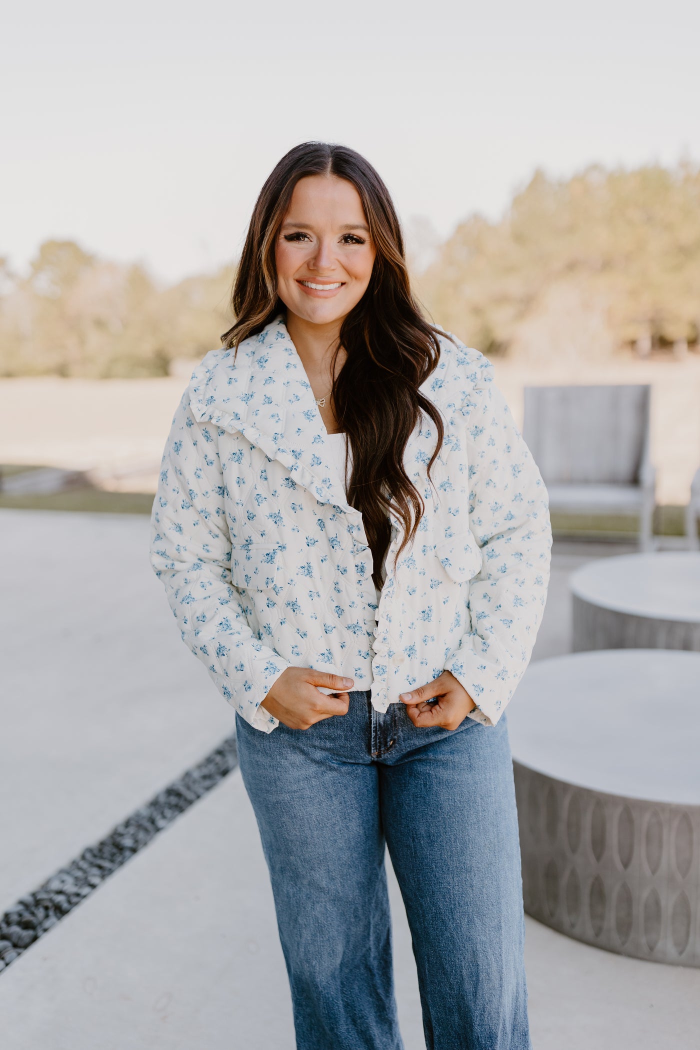 White and Blue Floral Rose Quilted Puffer Jacket