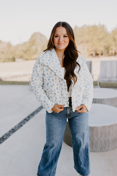 White and Blue Floral Rose Quilted Puffer Jacket