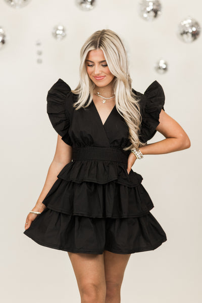 Karlie Black Solid Wrap Ruffle Bottom Dress