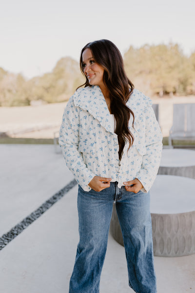 White and Blue Floral Rose Quilted Puffer Jacket