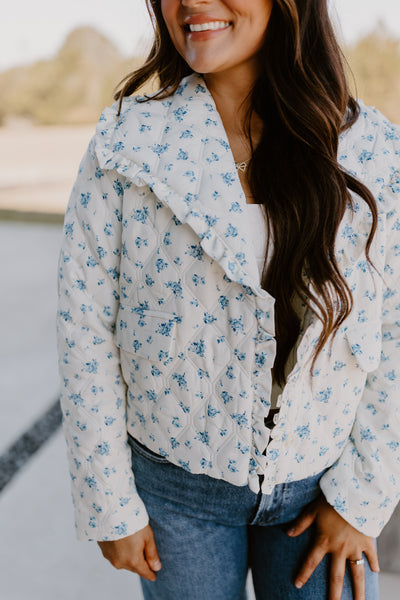 White and Blue Floral Rose Quilted Puffer Jacket