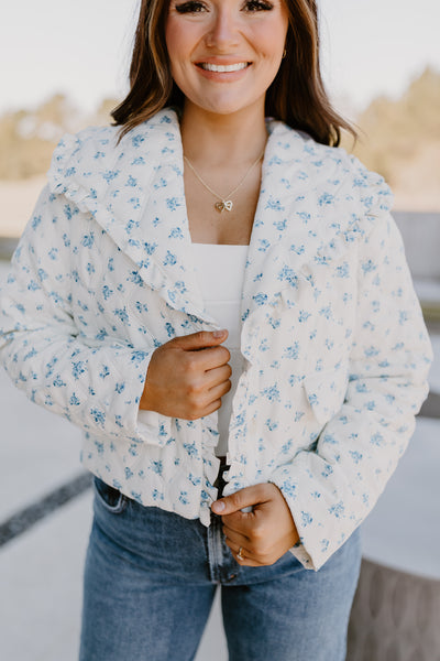 White and Blue Floral Rose Quilted Puffer Jacket