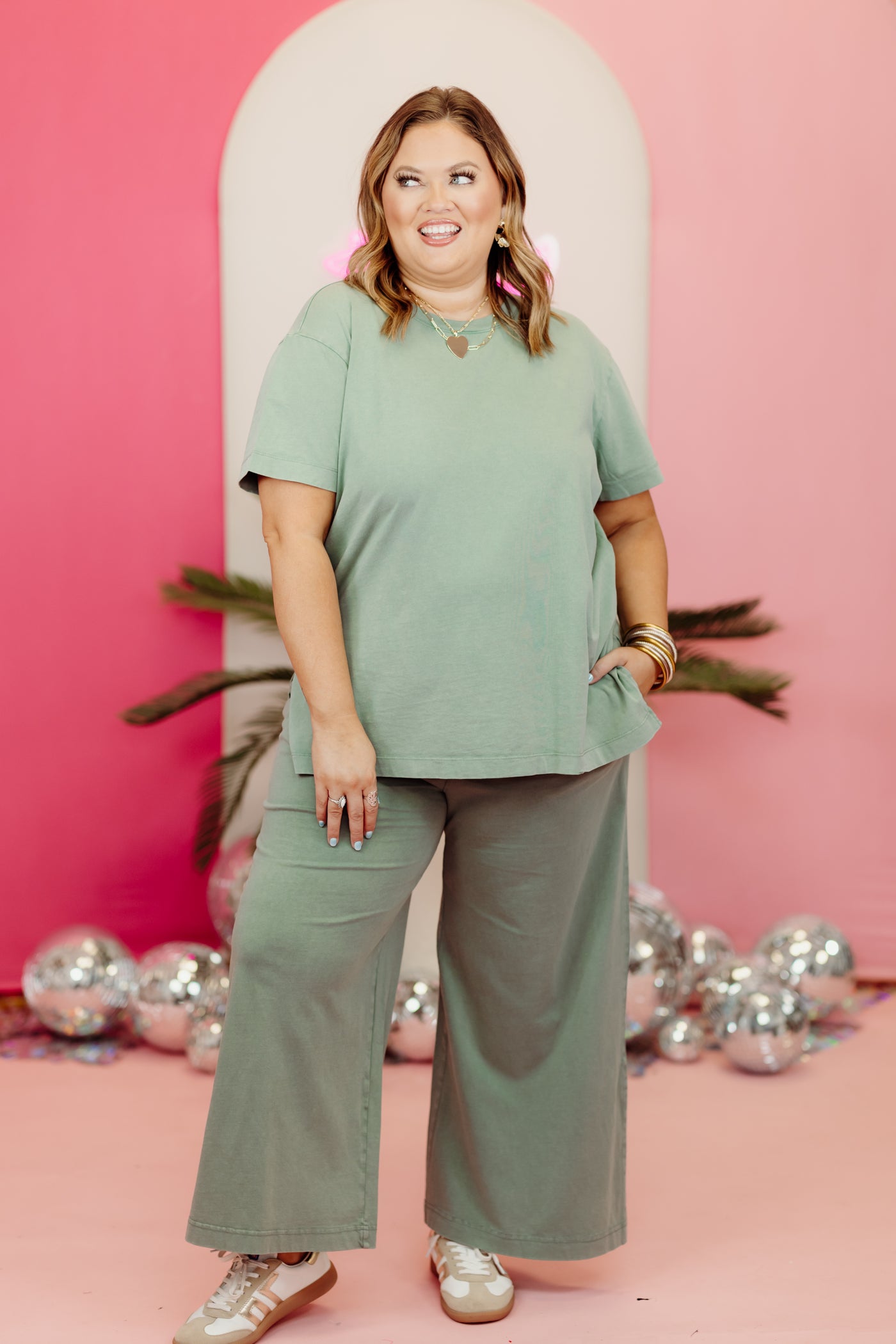 Z Supply Shayla Crew Neck Top and Jersey Pant Set in Palm Green