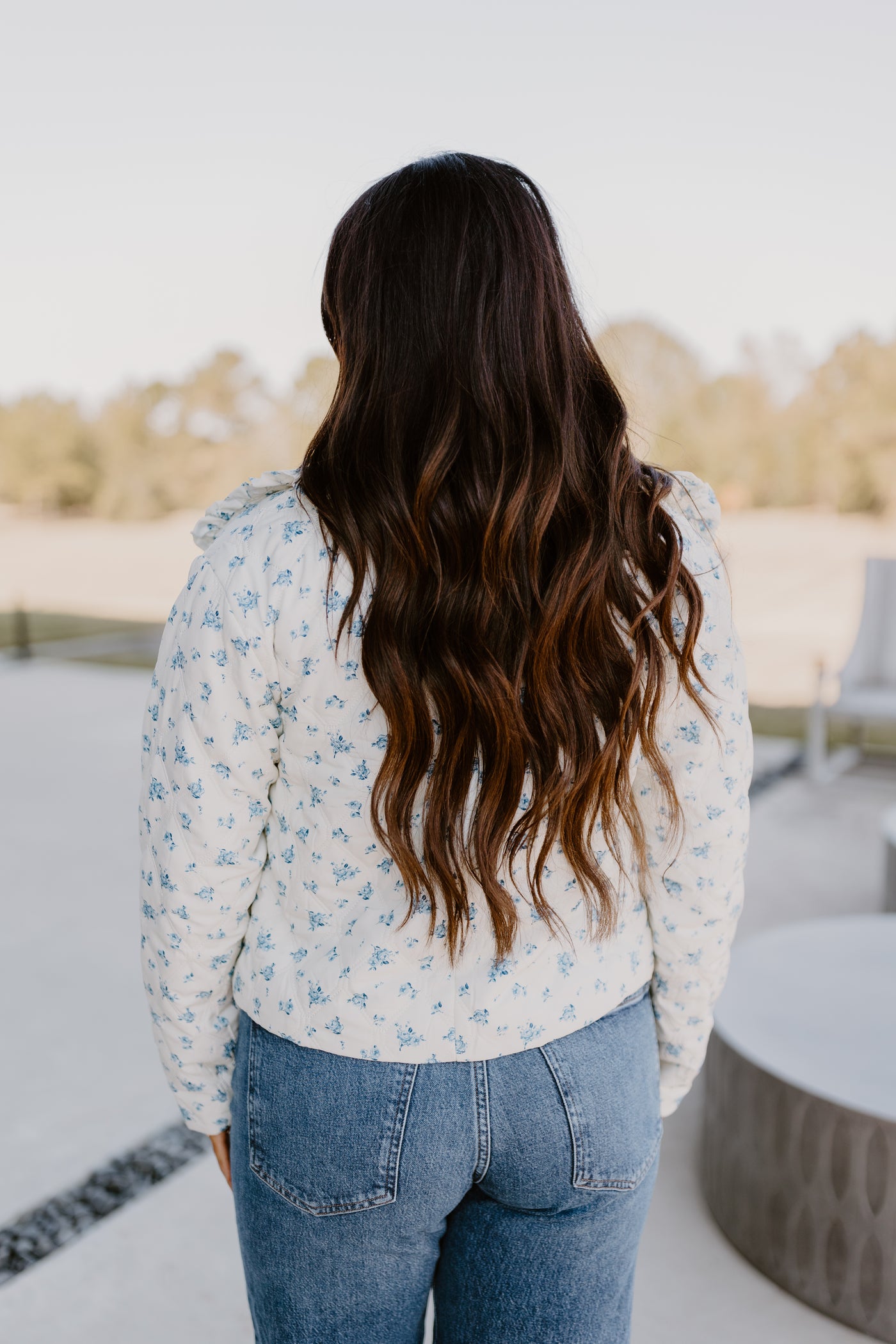 White and Blue Floral Rose Quilted Puffer Jacket