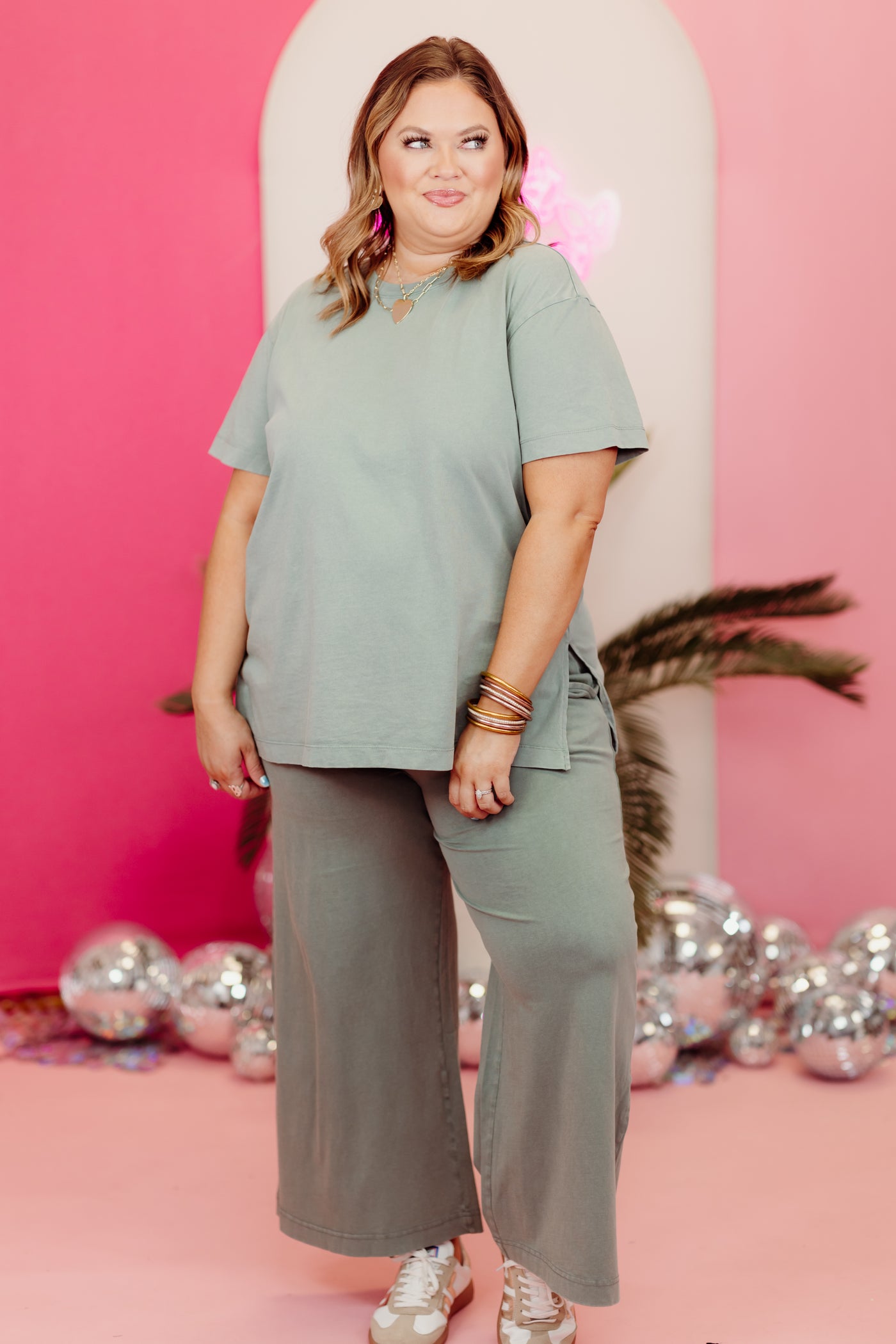 Z Supply Shayla Crew Neck Top and Jersey Pant Set in Palm Green