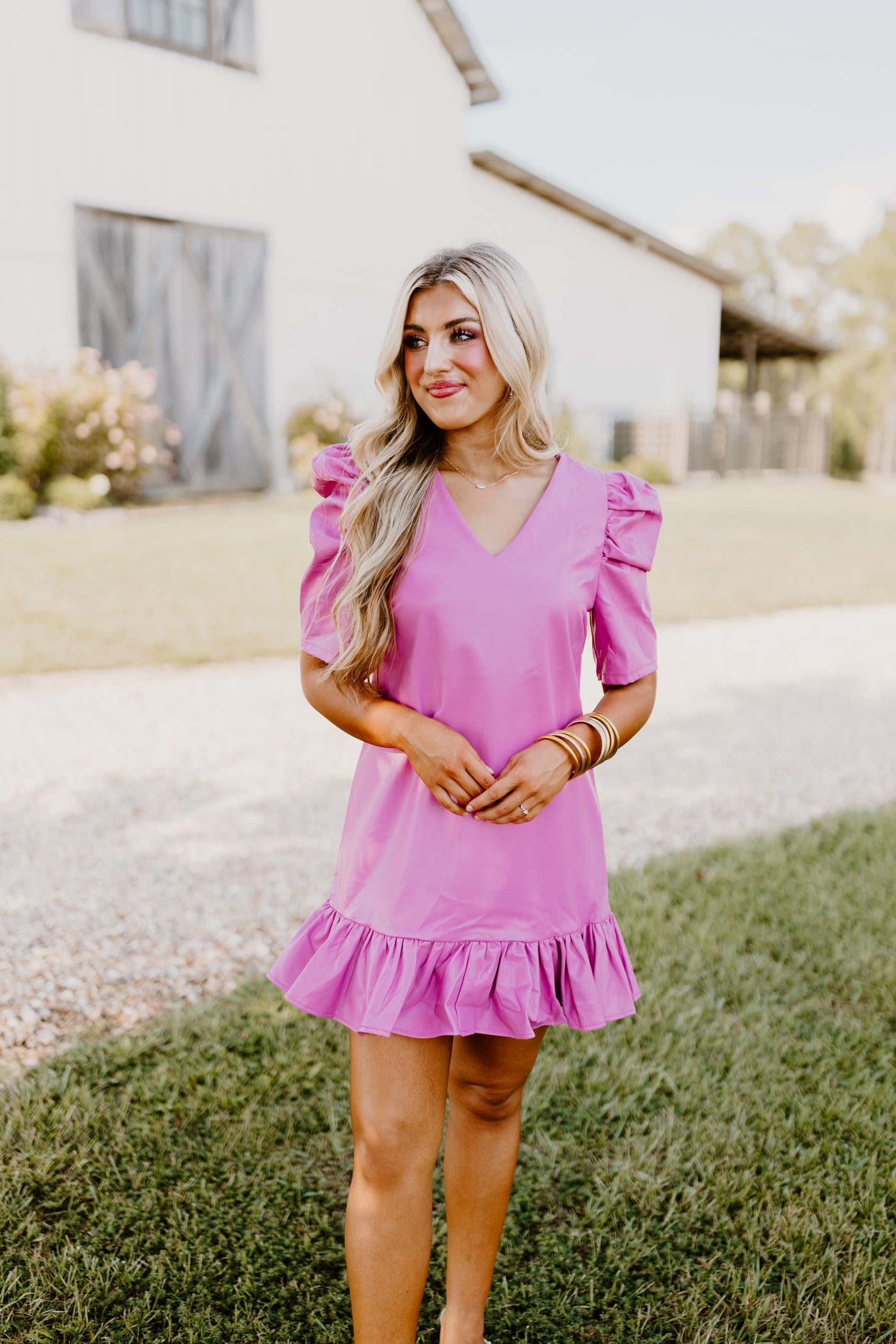 Pink V-Neck Puff Sleeve Leather Mini Dress