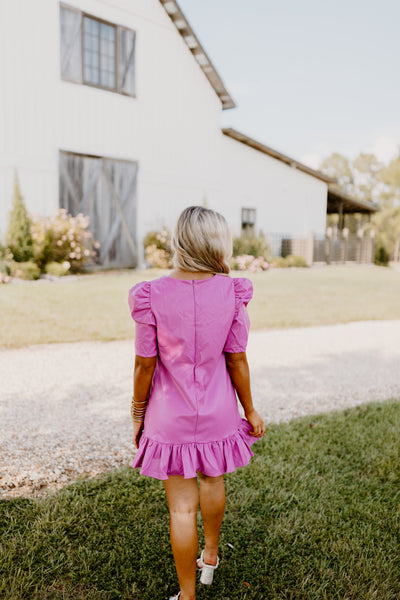 Pink V-Neck Puff Sleeve Leather Mini Dress
