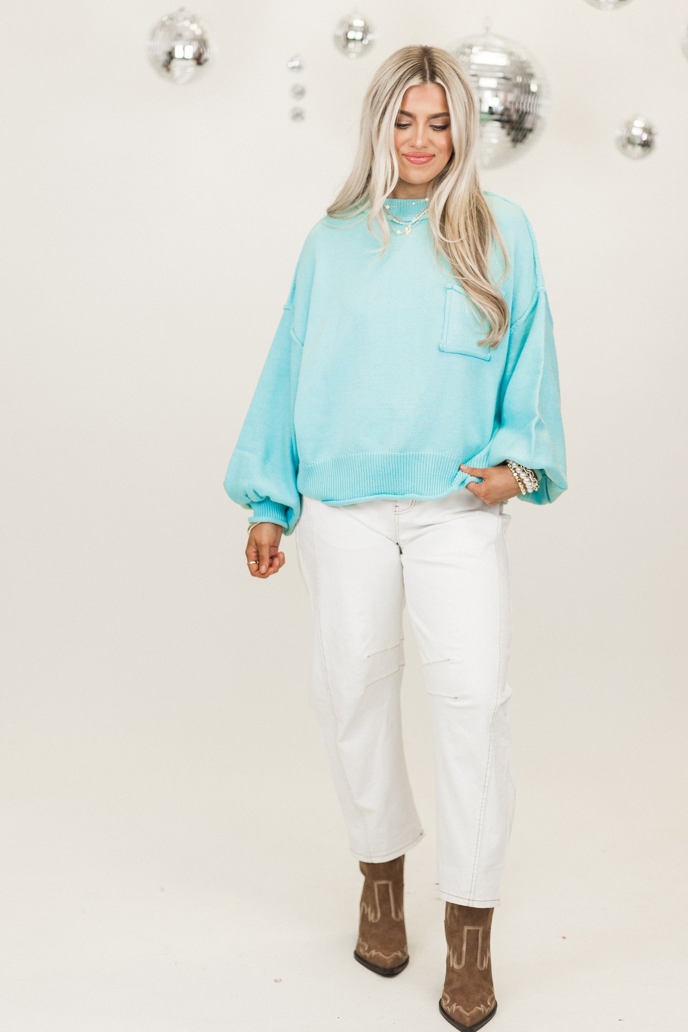 Baby Blue Balloon Sleeve Round Neck Cropped Sweater