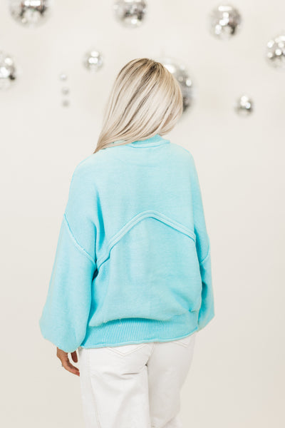 Baby Blue Balloon Sleeve Round Neck Cropped Sweater