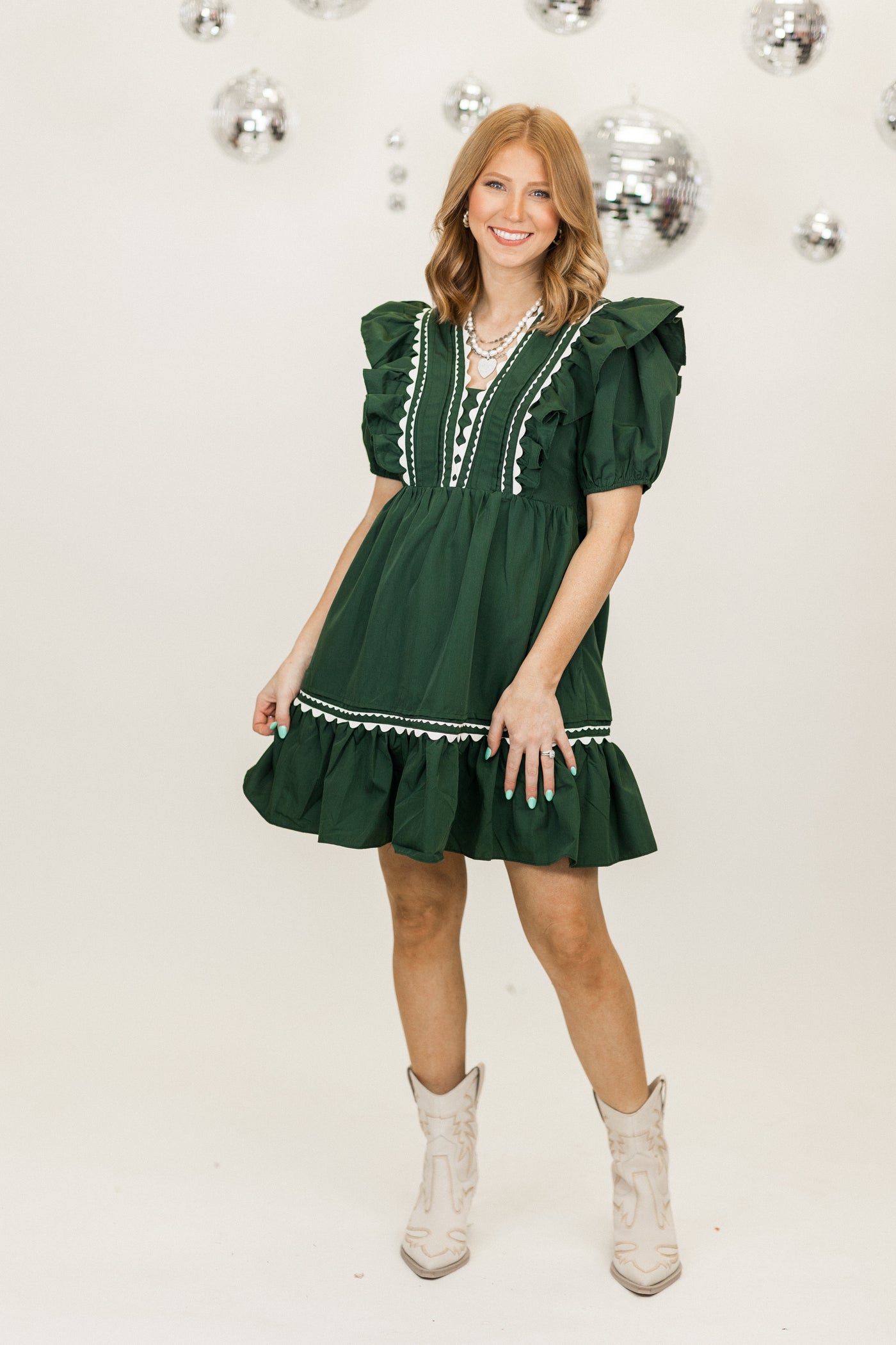 Forest Puff Sleeve V Neck Ruffled Mini Dress