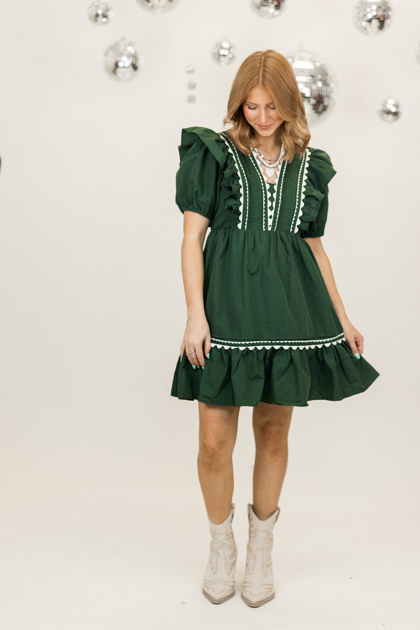 Forest Puff Sleeve V Neck Ruffled Mini Dress