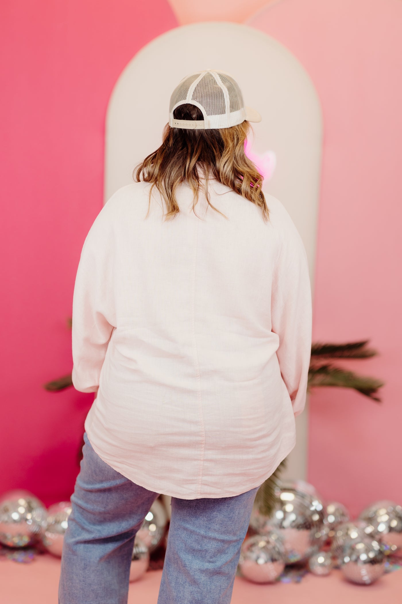 Soft Pink Balloon Sleeve Button Down Linen Top