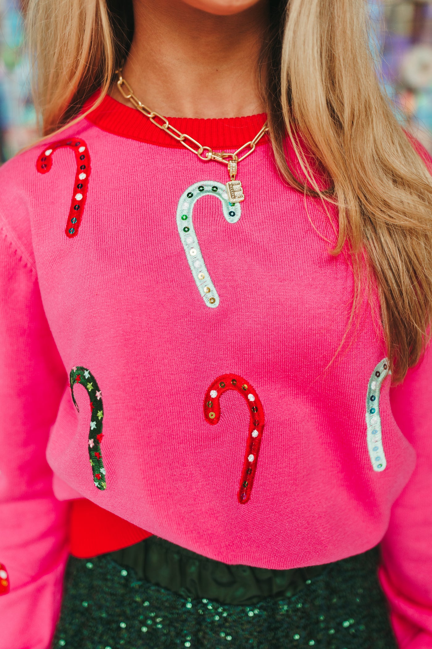 Hot Pink Embroidered Candy Cane Sweater