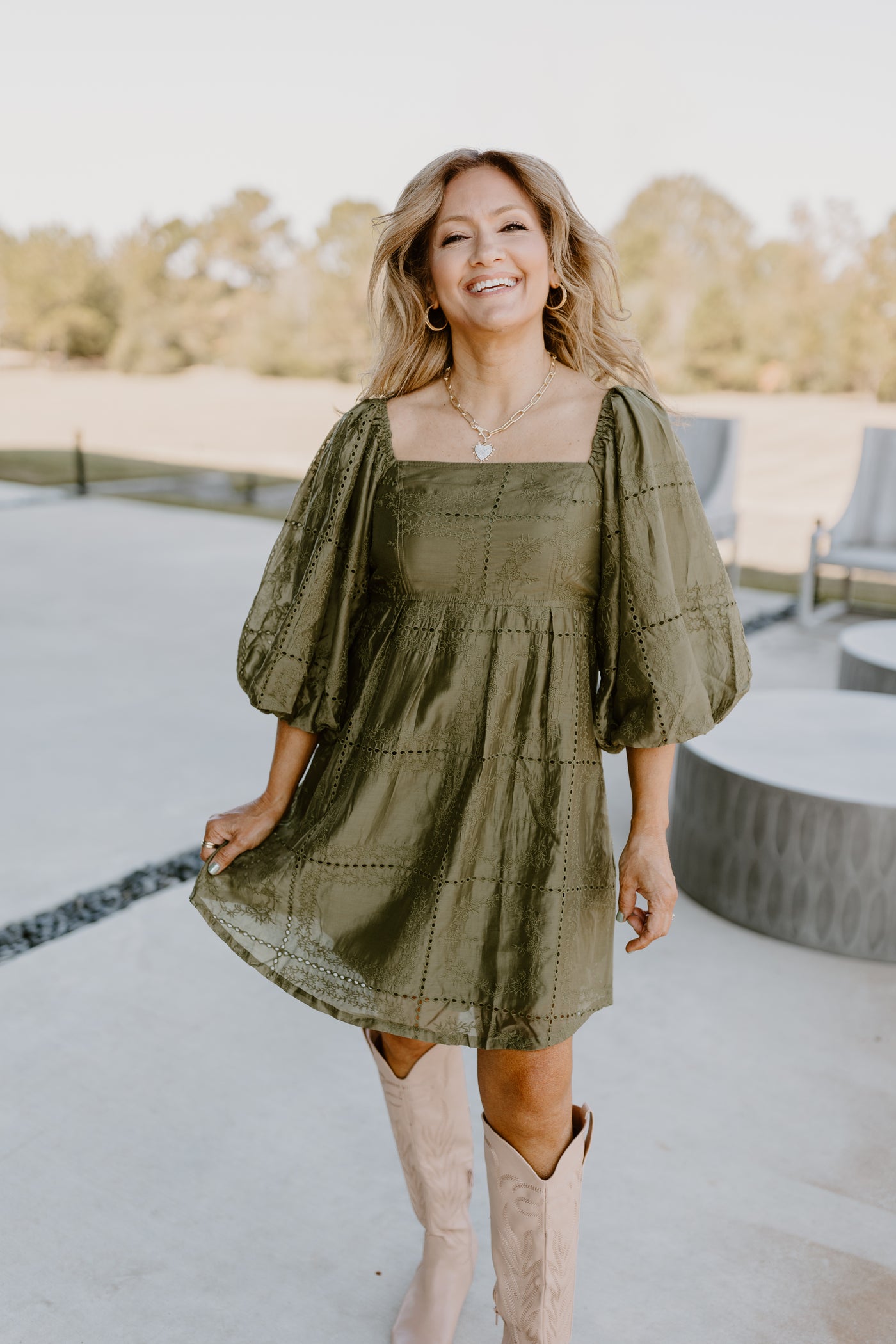 Olive Eyelet Square Neck Puff Sleeve Dress