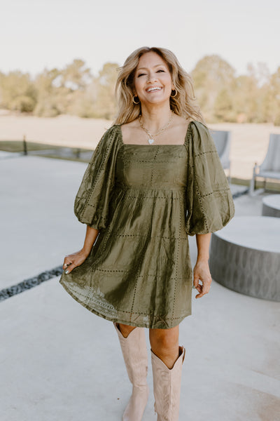 Olive Eyelet Square Neck Puff Sleeve Dress