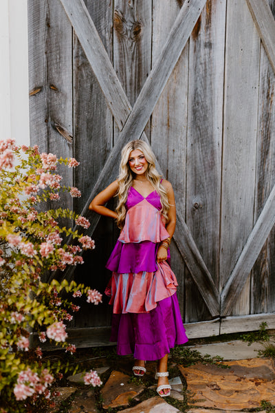 Dusty Pink Mix Iridescent Colorblock Tiered Maxi Dress