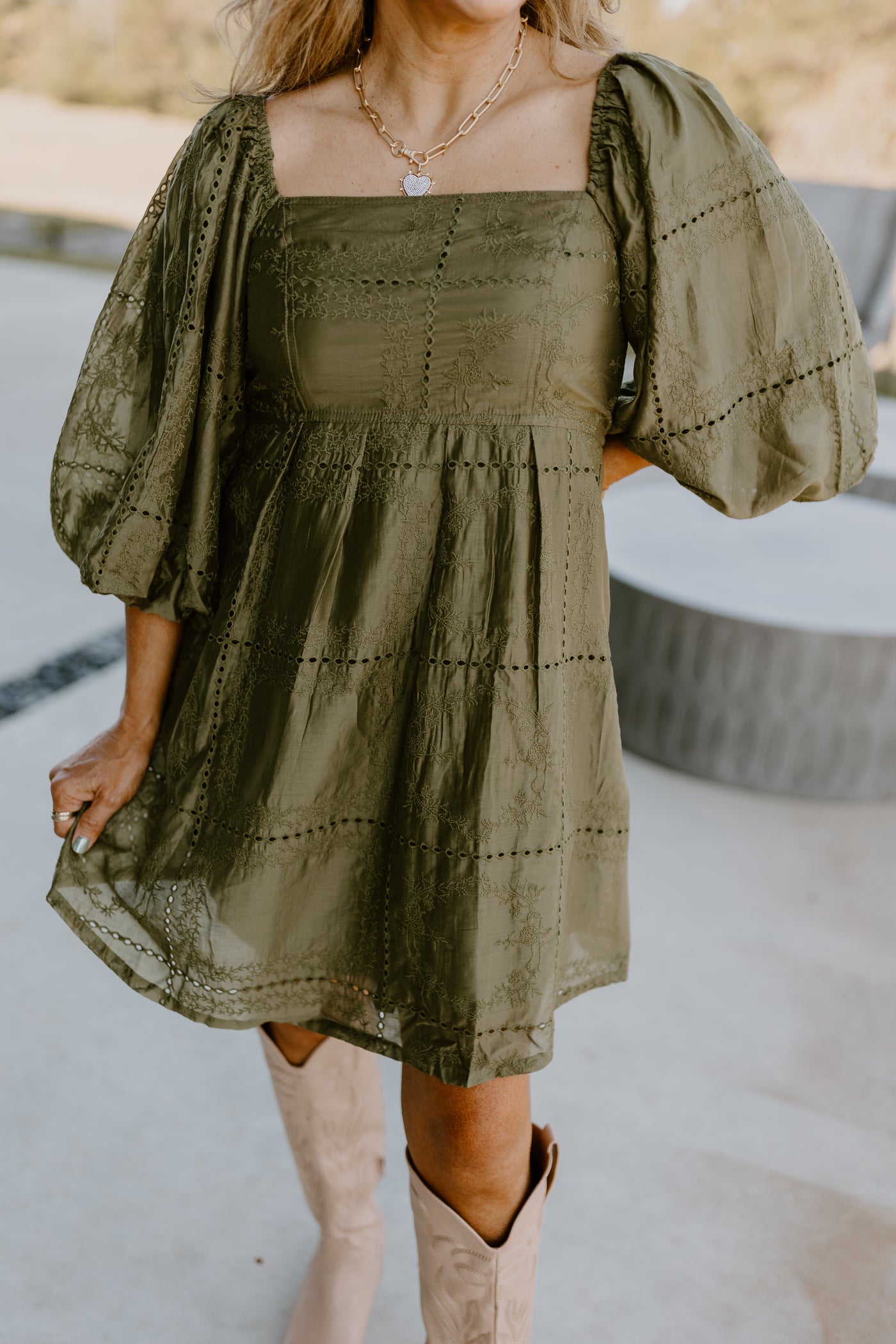 Olive Eyelet Square Neck Puff Sleeve Dress