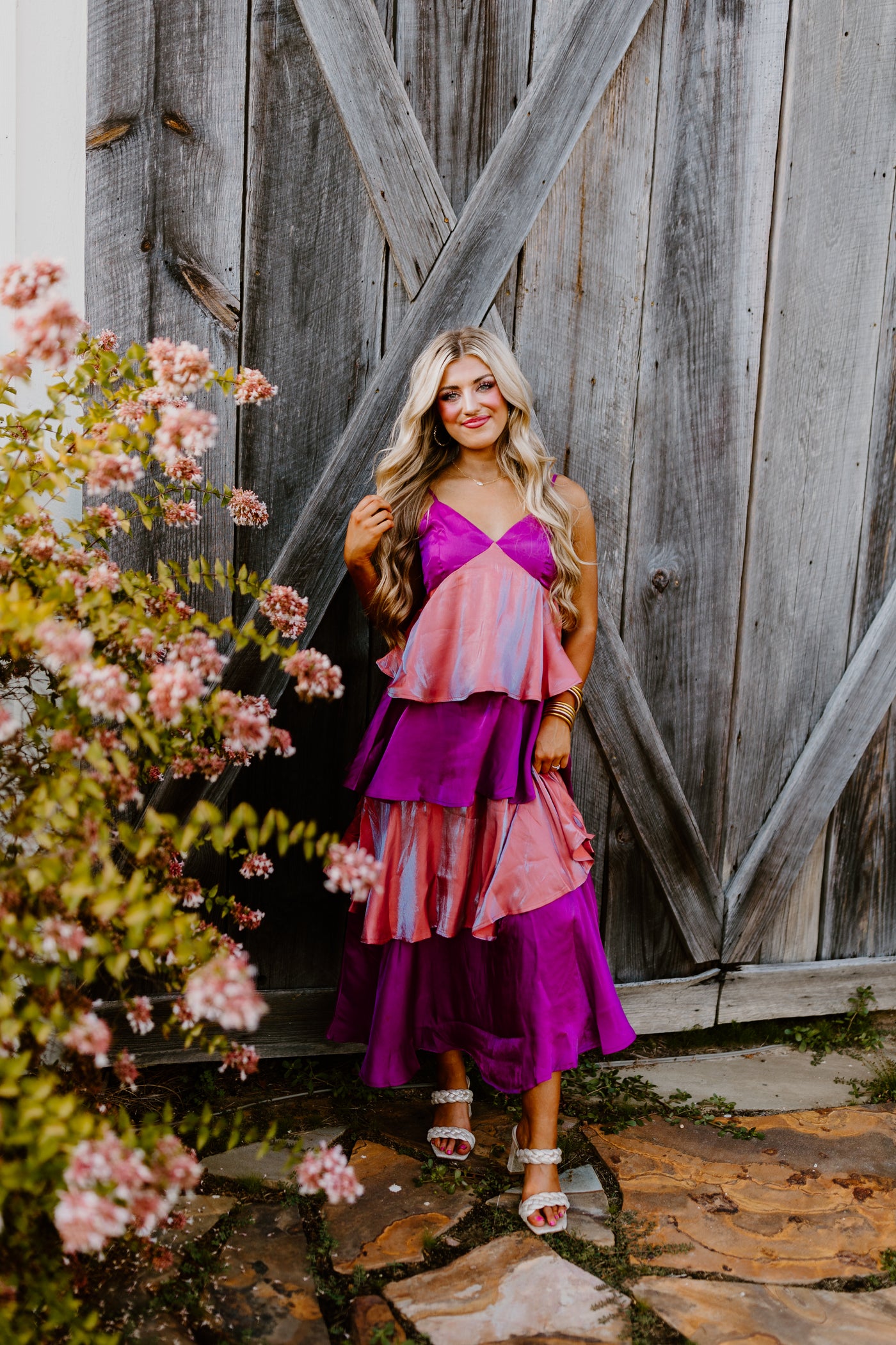 Dusty Pink Mix Iridescent Colorblock Tiered Maxi Dress