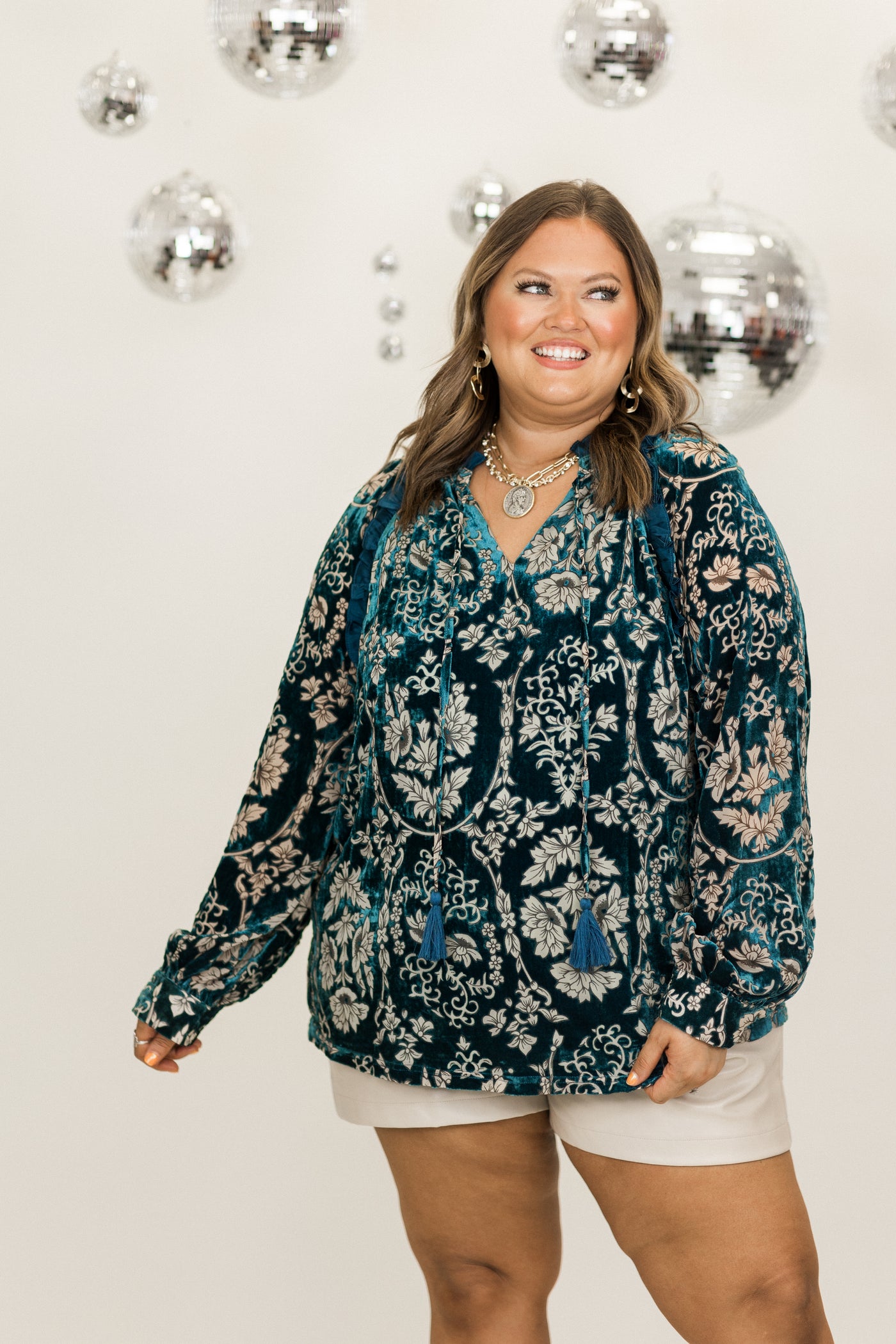 Teal Burnout Velvet Paisley Tie Detail Blouse