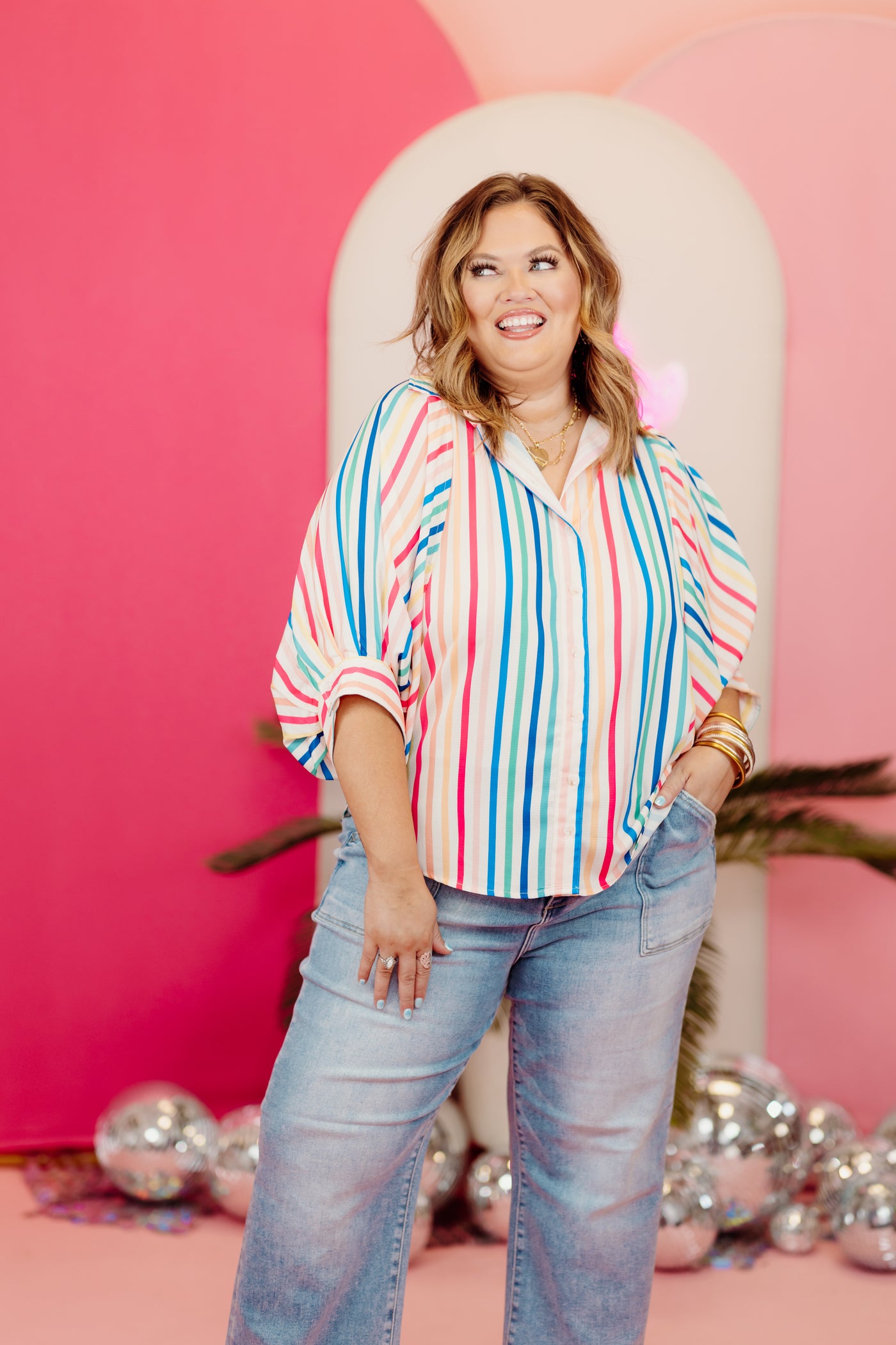 Multicolor Striped Drape Sleeve Button Down