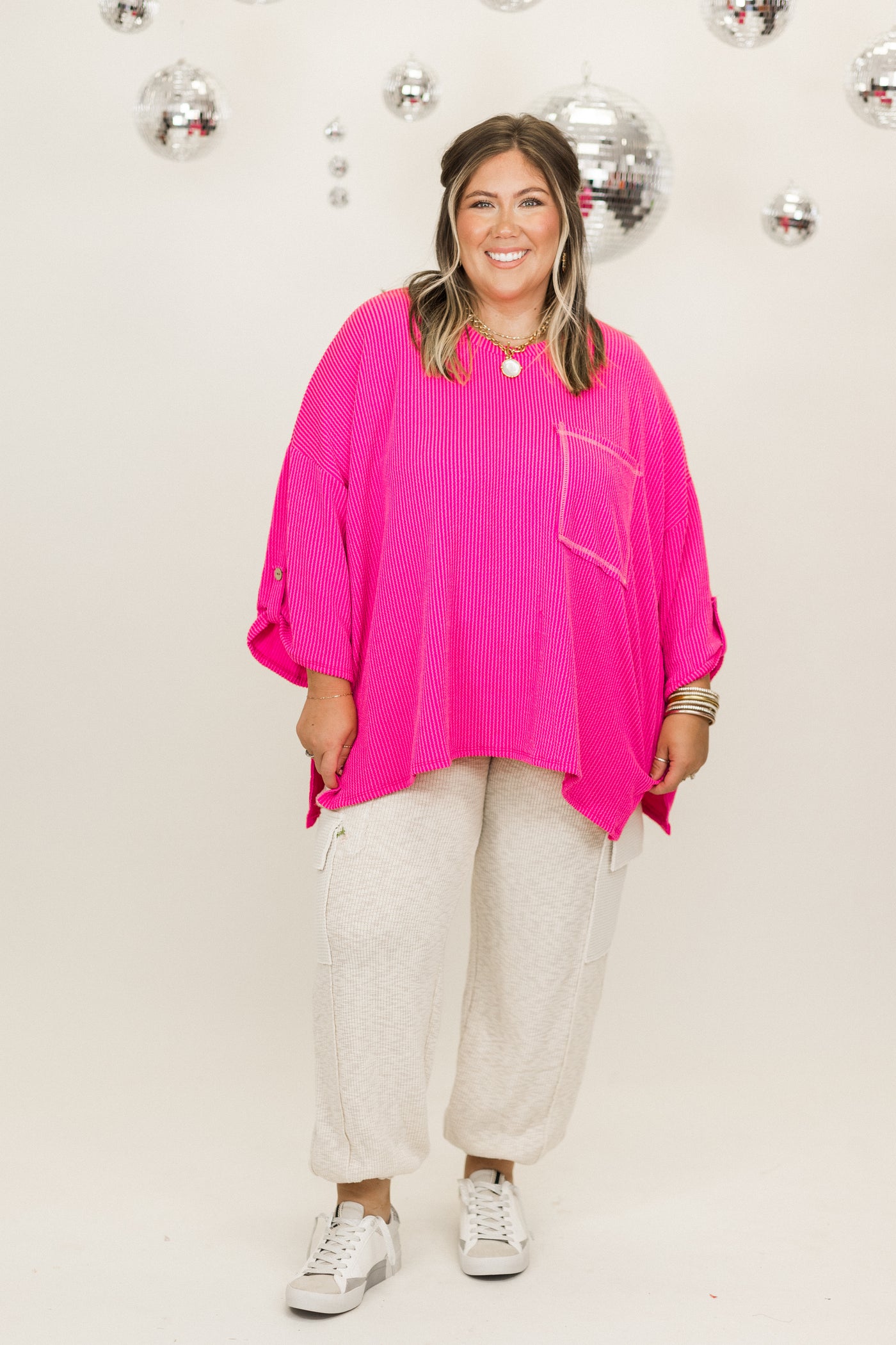 Fuchsia Oversized Button Sleeve Pocket Top