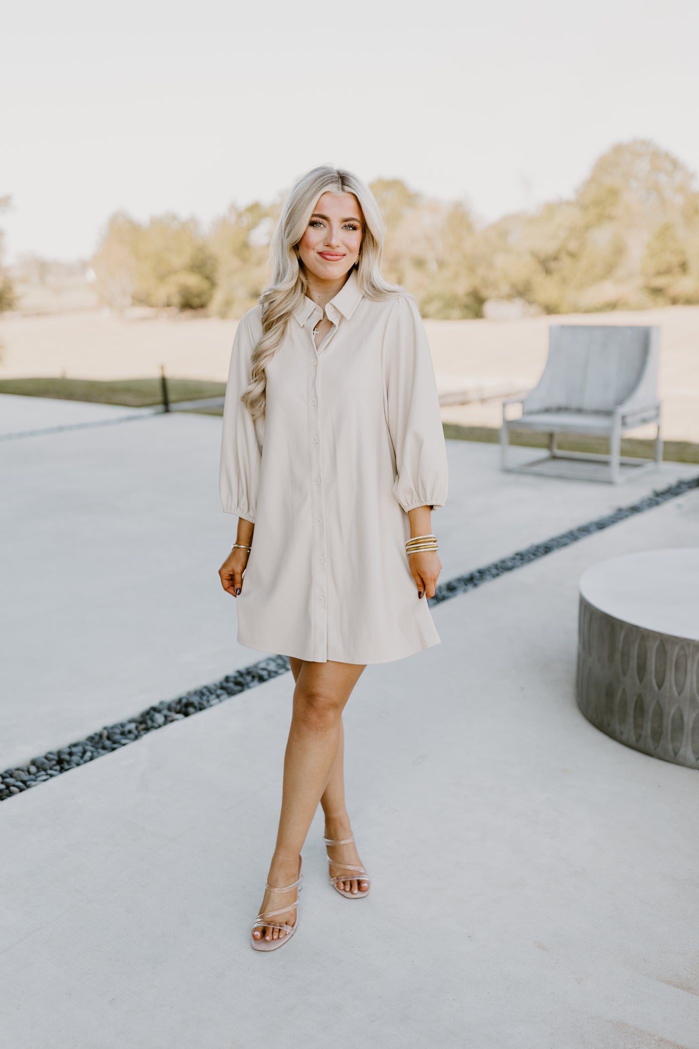 Dolce Cabo Creme Classic Faux Leather Dress with Puff Sleeves