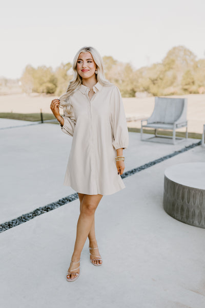 Dolce Cabo Creme Classic Faux Leather Dress with Puff Sleeves