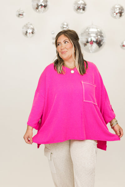 Fuchsia Oversized Button Sleeve Pocket Top