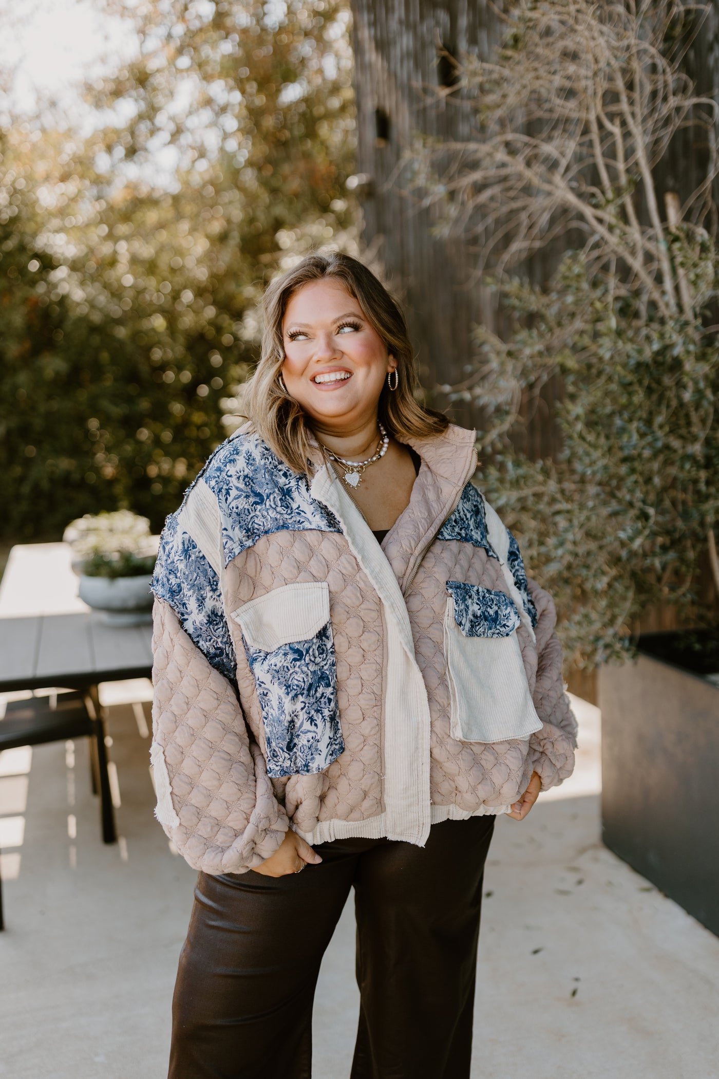 Tan Multi Oversized Floral Contrast Quilted Jacket