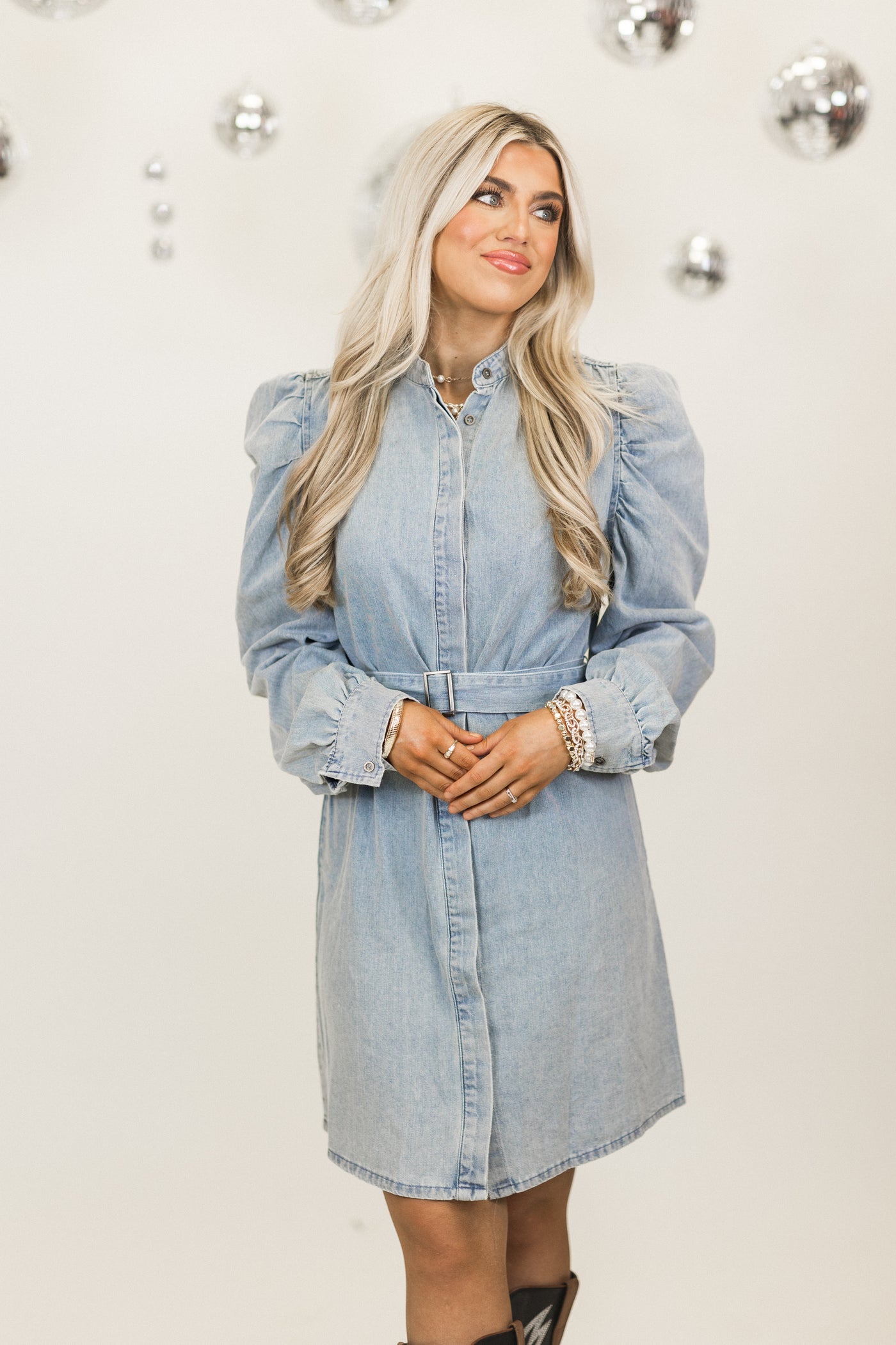 Karlie Blue Denim Puff Sleeve Belted Dress