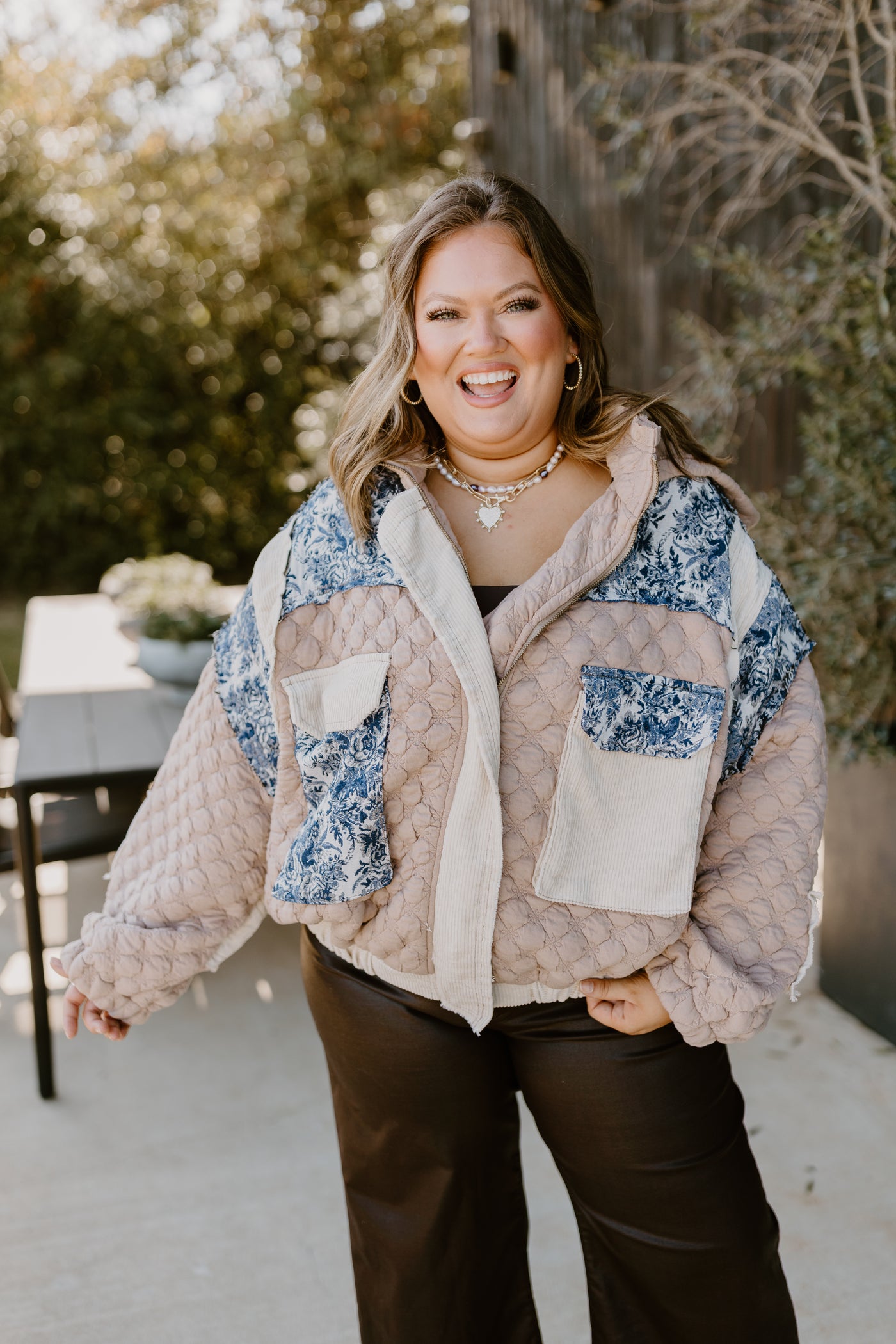 Tan Multi Oversized Floral Contrast Quilted Jacket