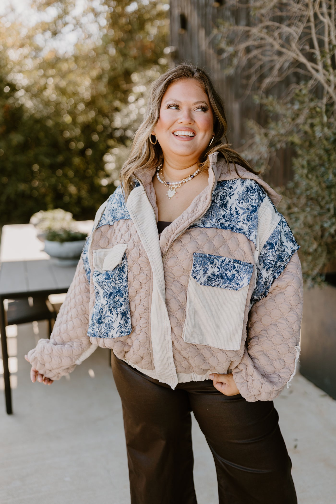 Tan Multi Oversized Floral Contrast Quilted Jacket