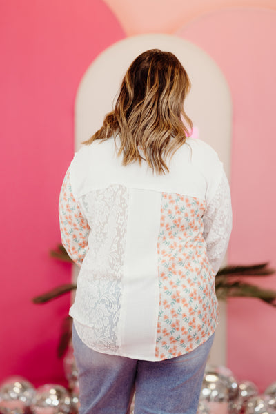 Ivory Multi Floral Lace Contrast Button Down