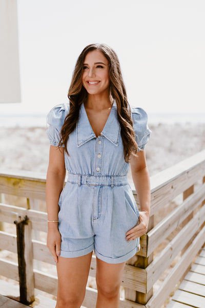 Light Denim Collared Puff Sleeve Belted Romper