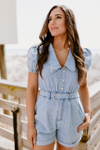 Light Denim Collared Puff Sleeve Belted Romper