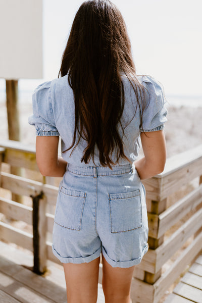 Light Denim Collared Puff Sleeve Belted Romper