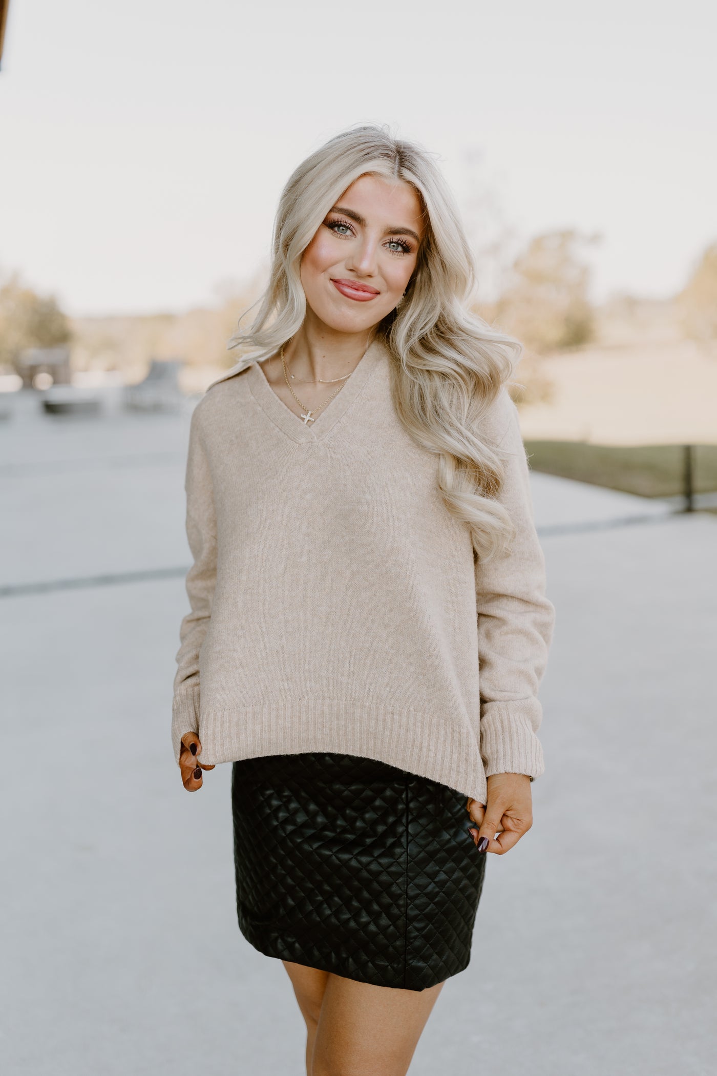 Taupe Collared V-Neck Cropped Sweater