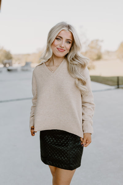 Taupe Collared V-Neck Cropped Sweater