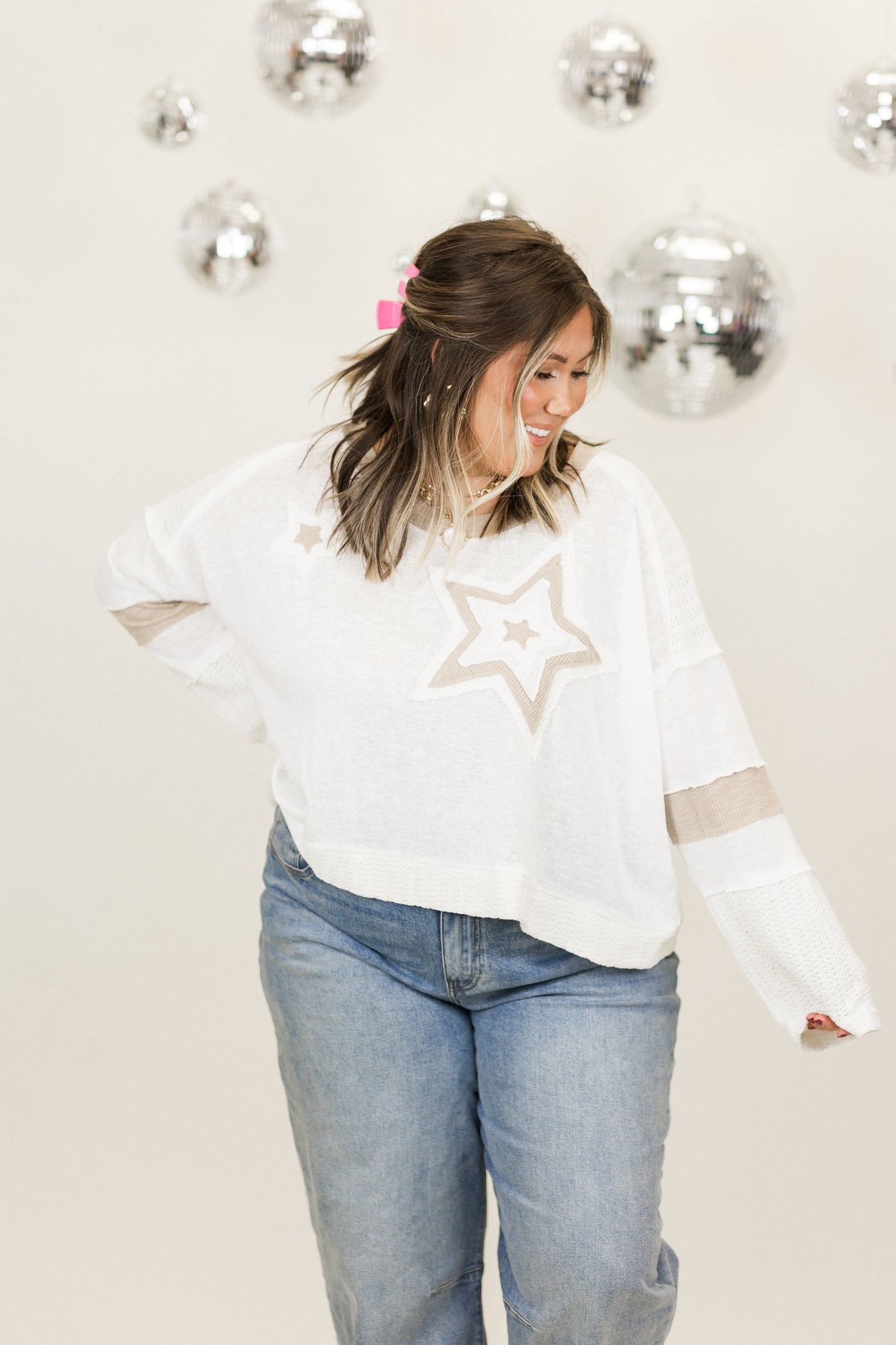 Ivory Multi Star Patch Long Sleeve Top