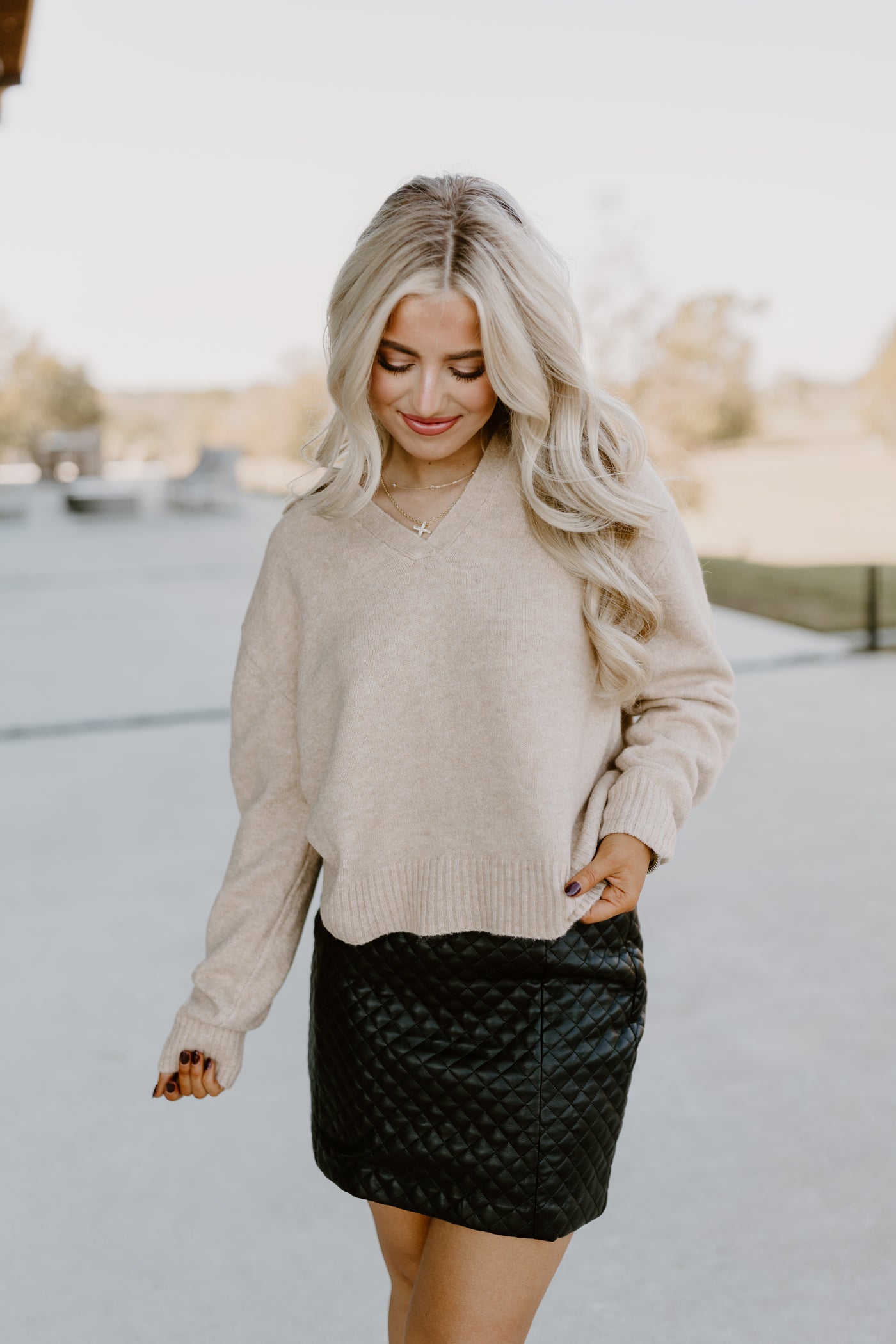 Taupe Collared V-Neck Cropped Sweater