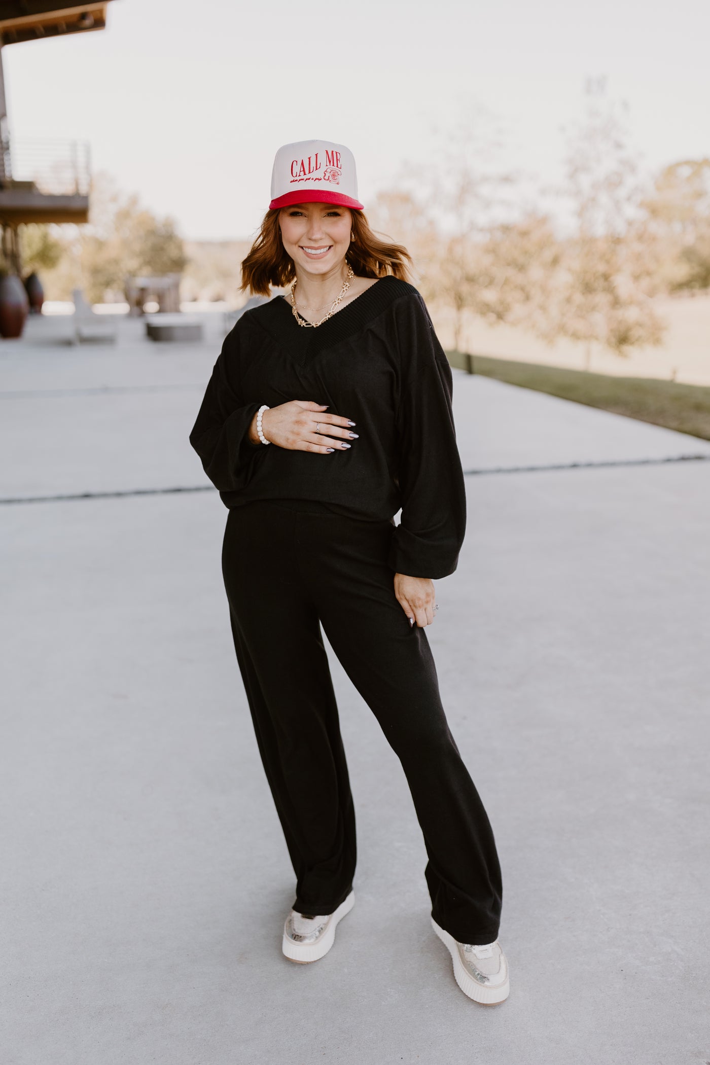 Black V-Neck Brushed Pullover and Pant Set