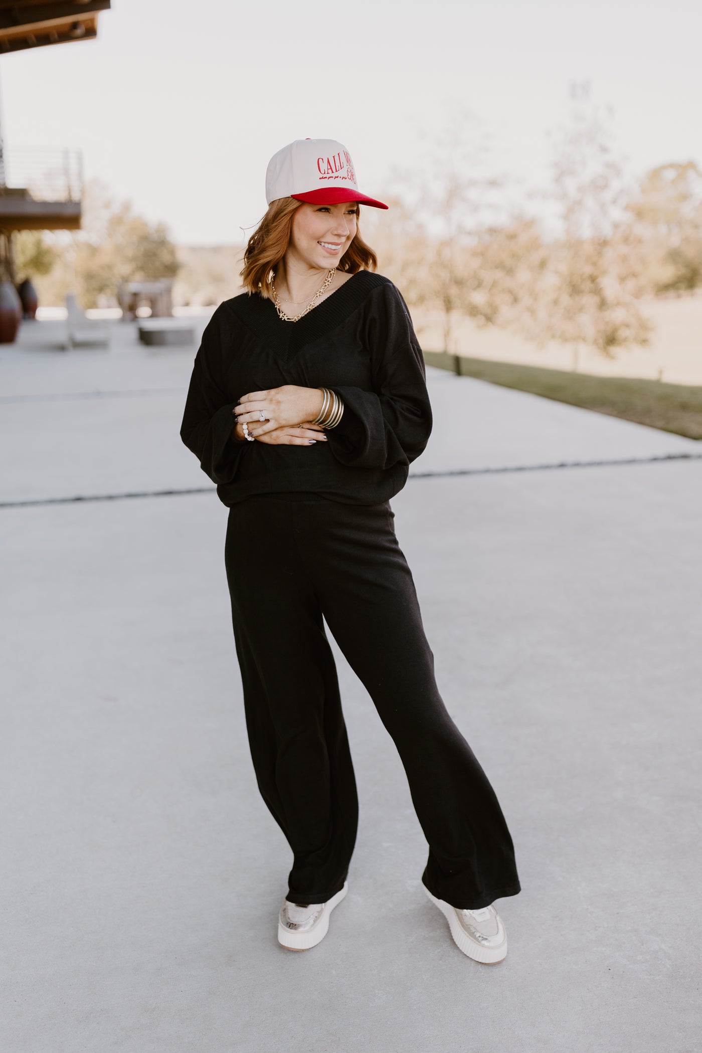 Black V-Neck Brushed Pullover and Pant Set