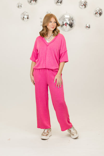 Fuchsia Ribbed V-Neck Short Sleeve Top and Pant Set